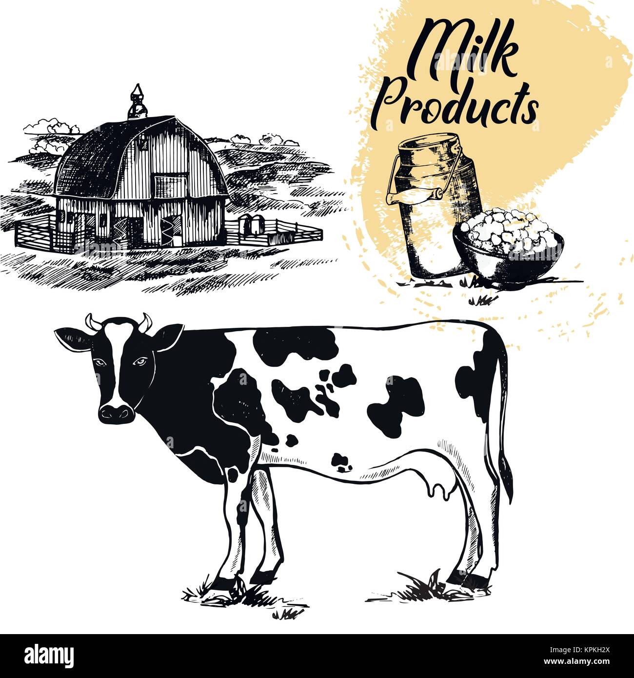 Set of hand drawn sketch style milk farm related objects. Vector illustration isolated on white background. Stock Vector