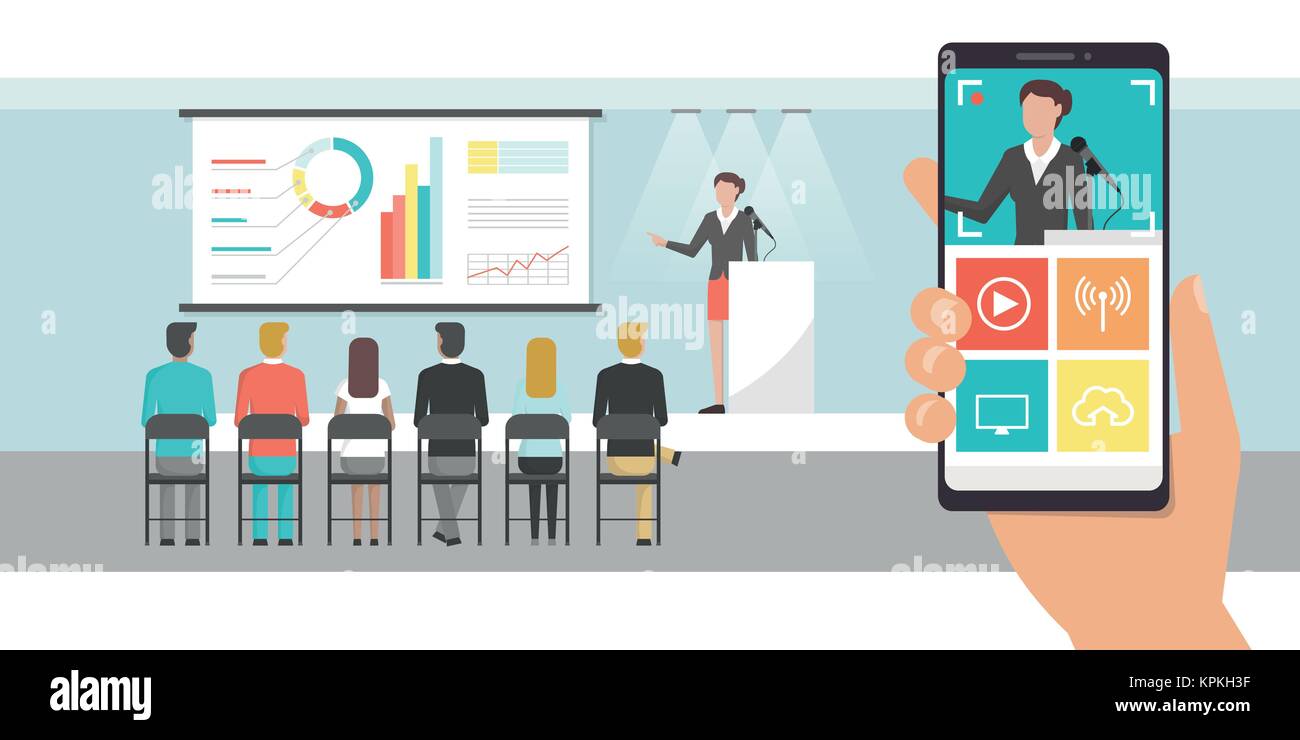 User shooting a video of a business presentation with his smartphone and sharing a live streaming educational event, technology and communication conc Stock Vector