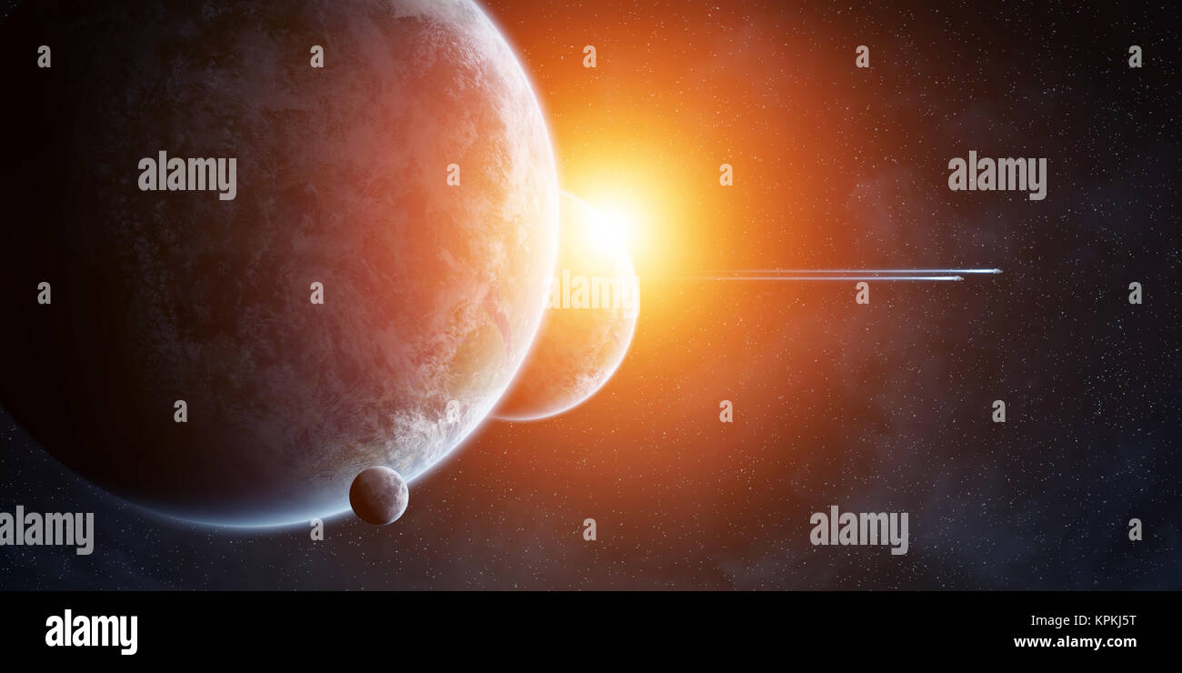 Sunrise over planets in space Stock Photo