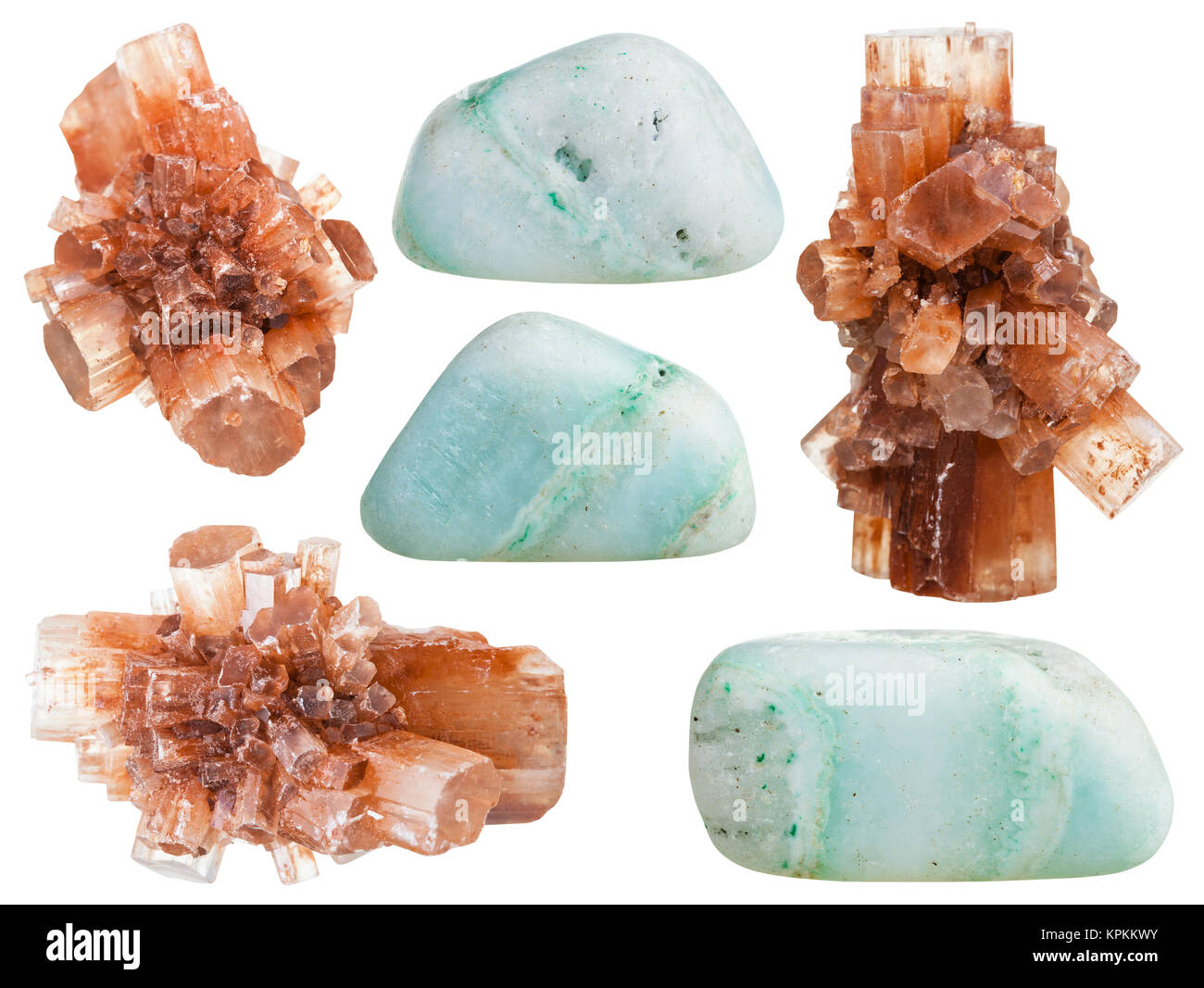 set of Aragonite crystals and polished stones Stock Photo