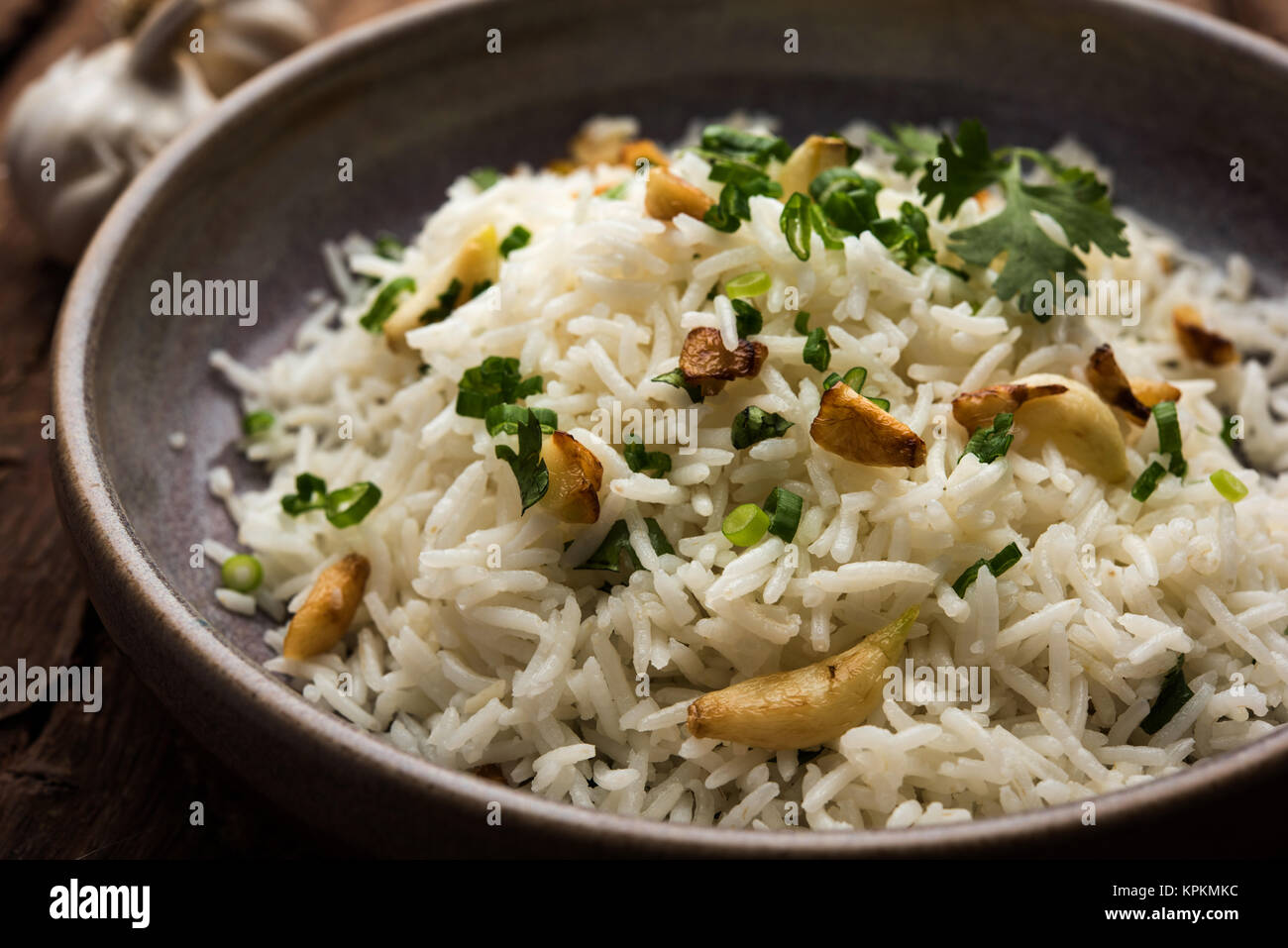 Garlic fried rice cooked white basmati rice fried with garlic and