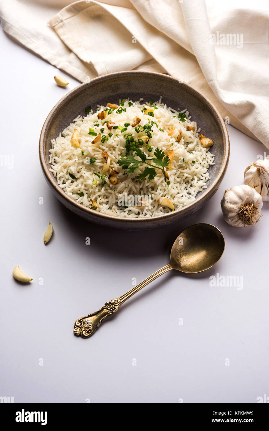 Garlic fried rice cooked white basmati rice fried with garlic and