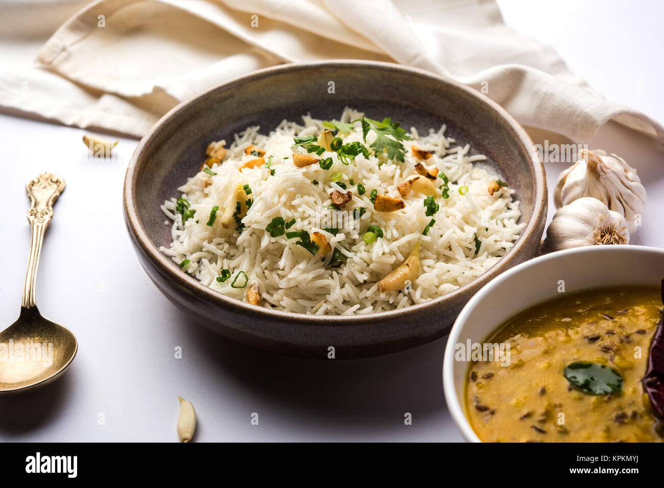 Garlic fried rice cooked white basmati rice fried with garlic and