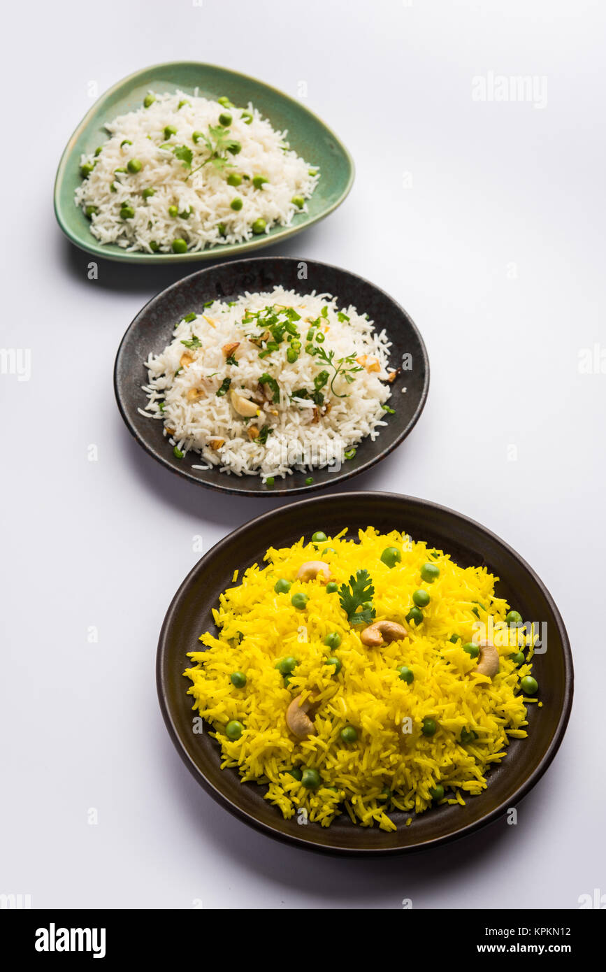 group photo of indian rice with green peas and garlic served with jeera