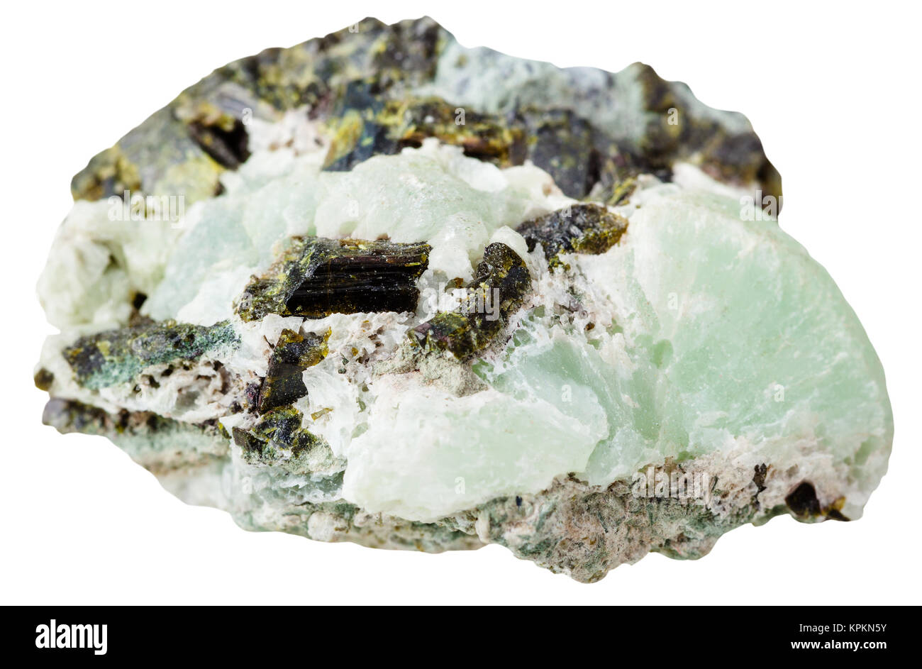 Epidote crystals on Prehnite mineral stone Stock Photo