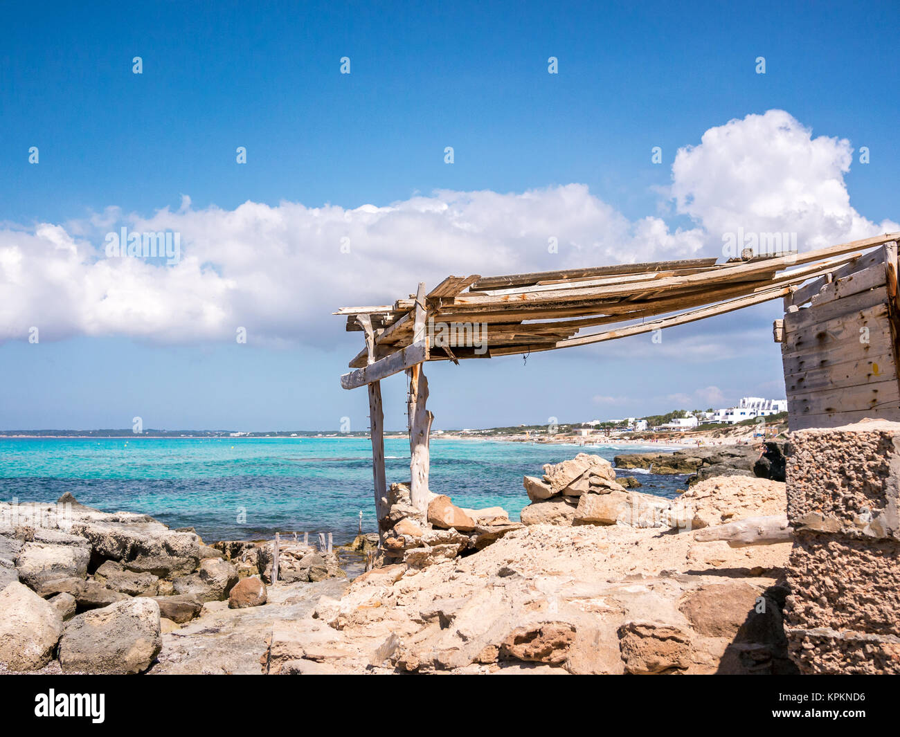 Typical constructions for fishermans in Formentera island, Spain Stock Photo
