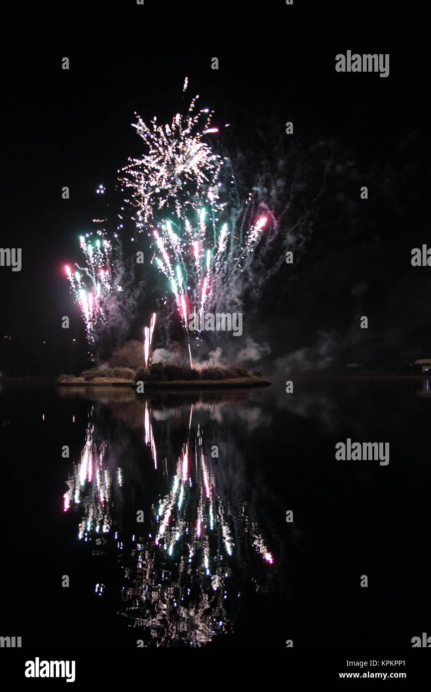 Spectacular organised fireworks display over the Mooragh Lake, Ramsey, Isle of Man, 5 November 2017 Stock Photo
