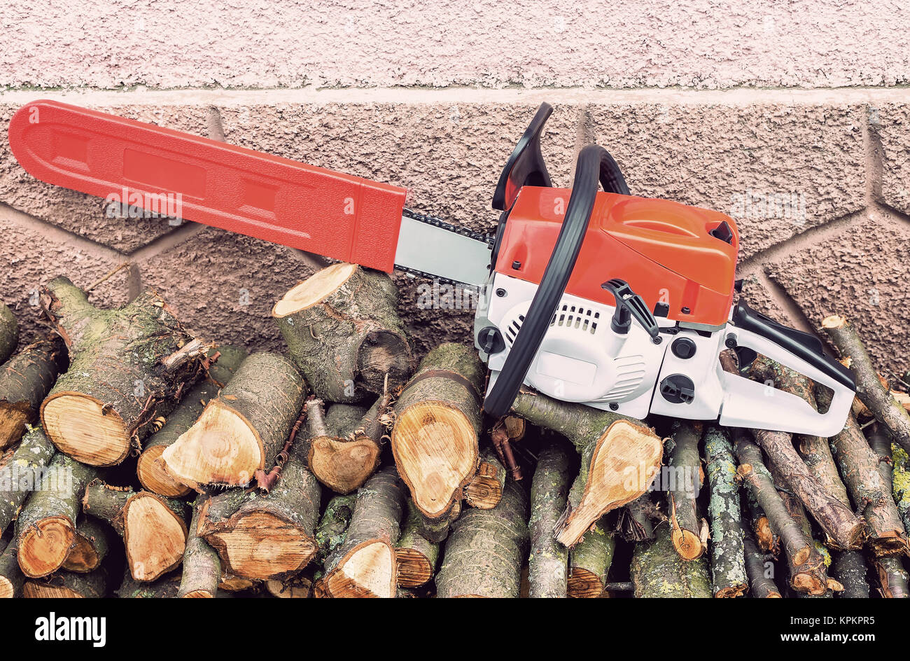 Chainsaw and cut tree branches. Stock Photo