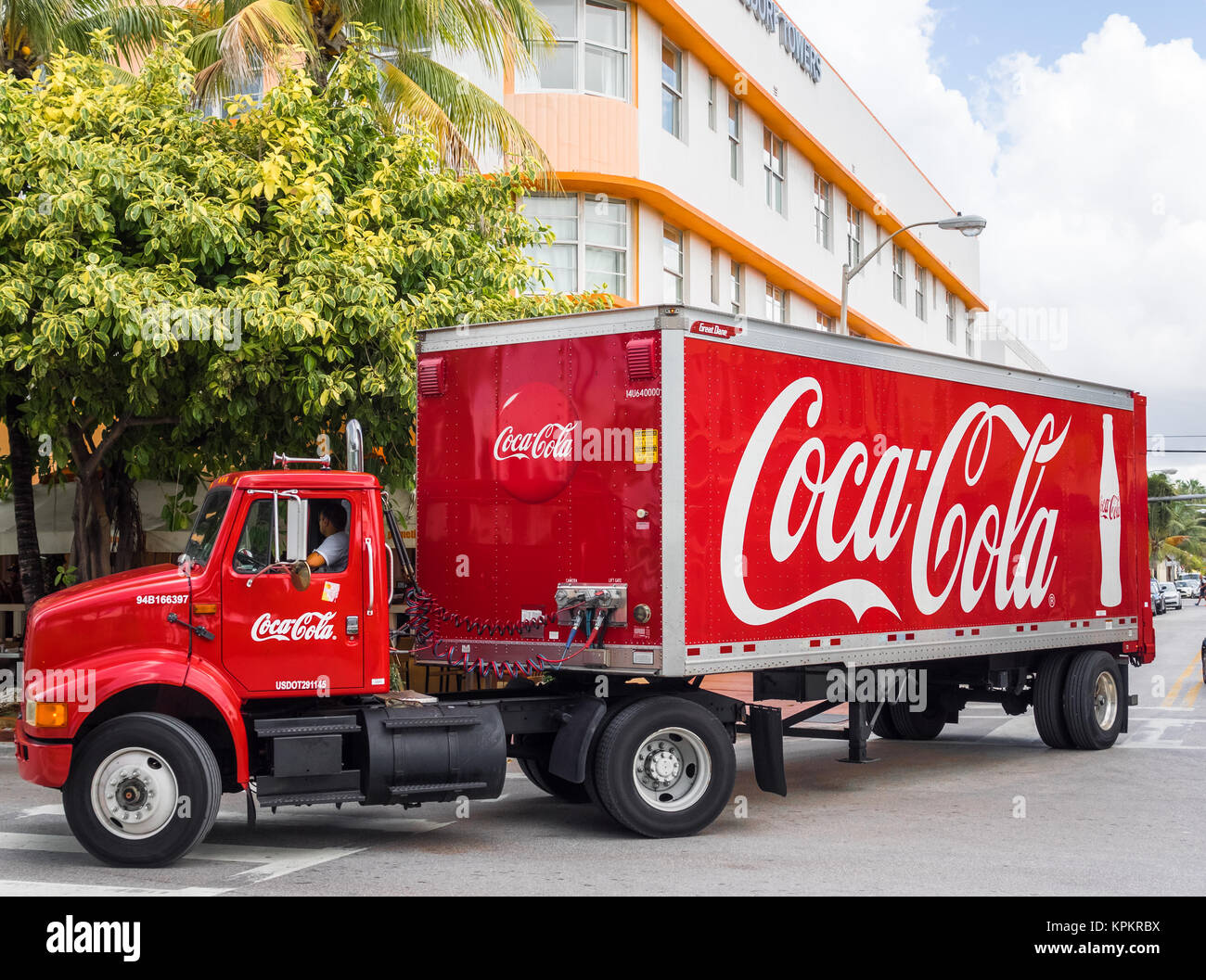 MIAMI BEACH, USA - SEPTEMBER 8, 2015. Coca Cola truck in the Art Deco district in the touristic Ocean Drive, Miami Beach, Florida. Stock Photo