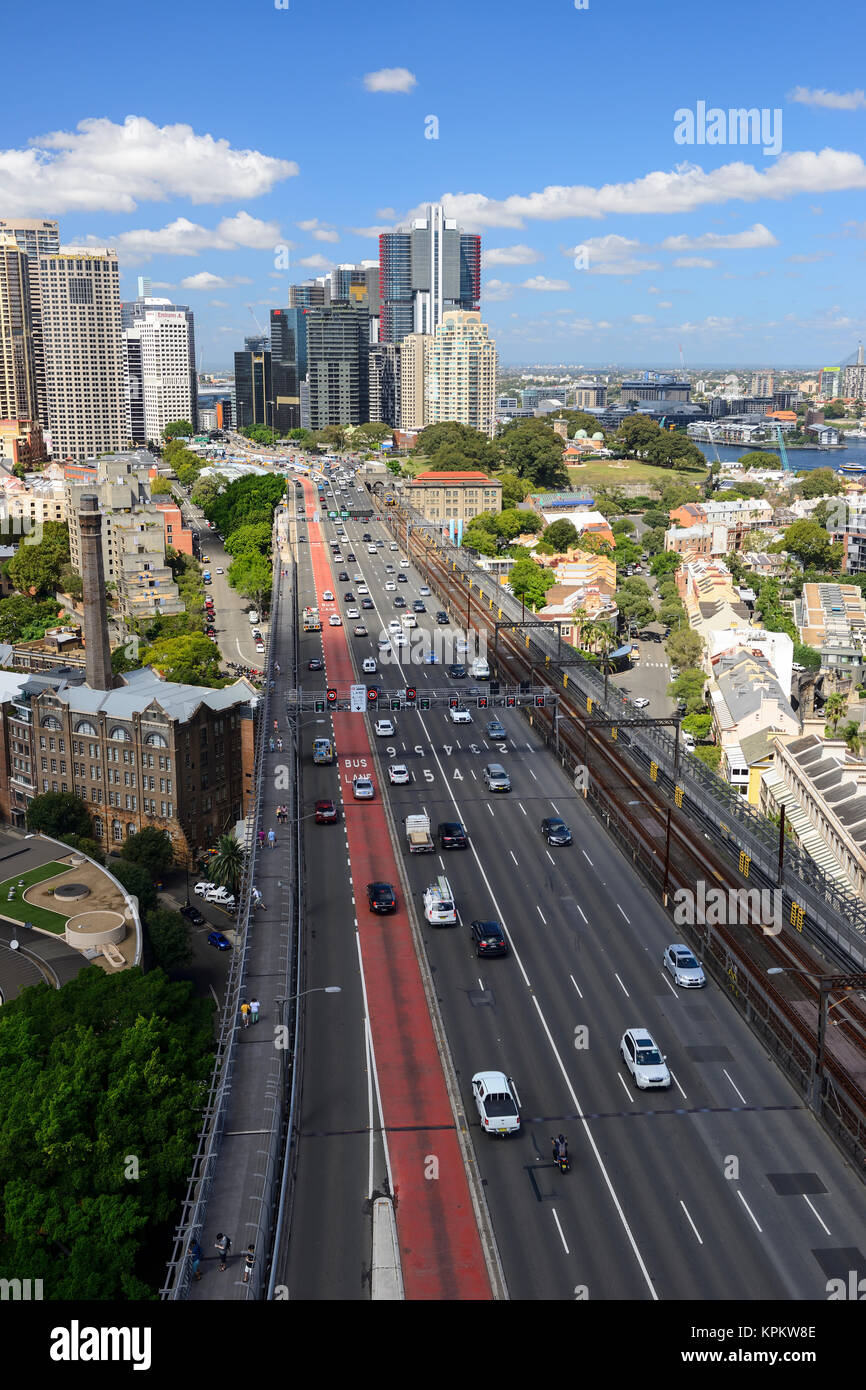 Elevated view of Bradfield Highway, Cahill Expressway and The Rocks from Harbour Bridge Lookout - Sydney, New South Wales, Australia Stock Photo
