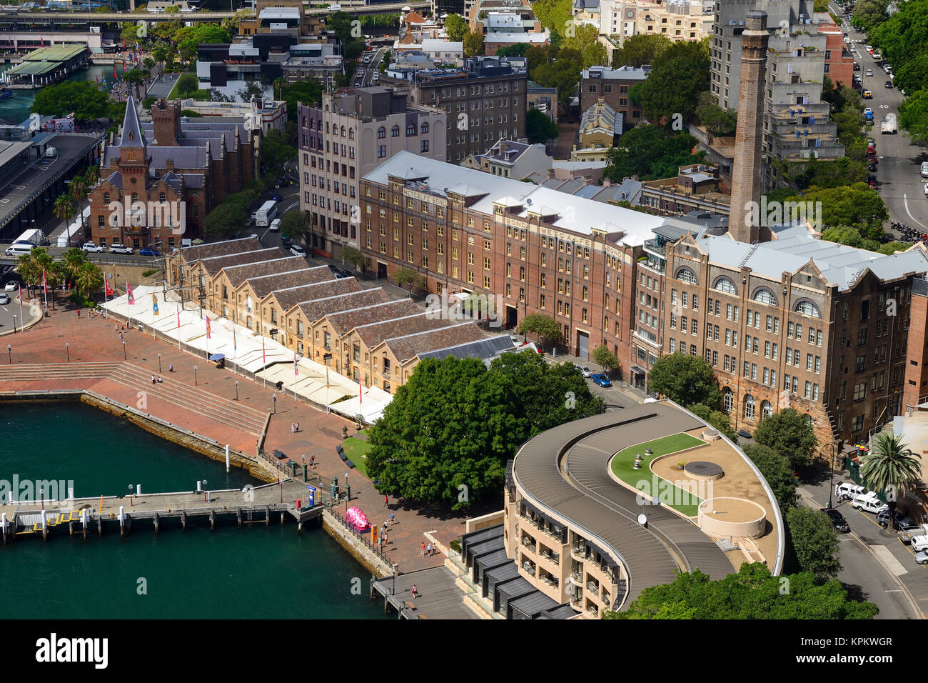 Elevated view of Campbell's Cove and The Rocks from Harbour Bridge Lookout - Sydney, New South Wales, Australia Stock Photo