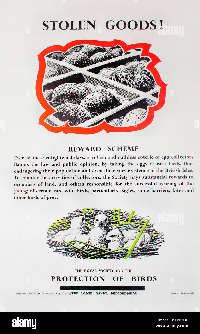 1960s RSPB Charles Tunnicliffe information poster advertising financial award scheme for landowners who create wildlife habitats for rare birds. Stock Photo
