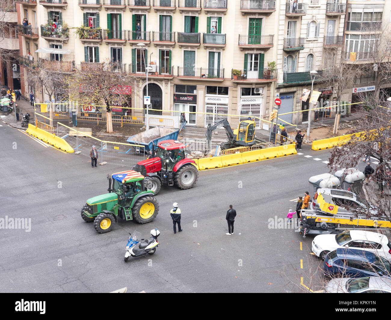 Barcelona, Spain - January 28, 2017 - Tractors marching in the middle of the city of Barcelona Stock Photo