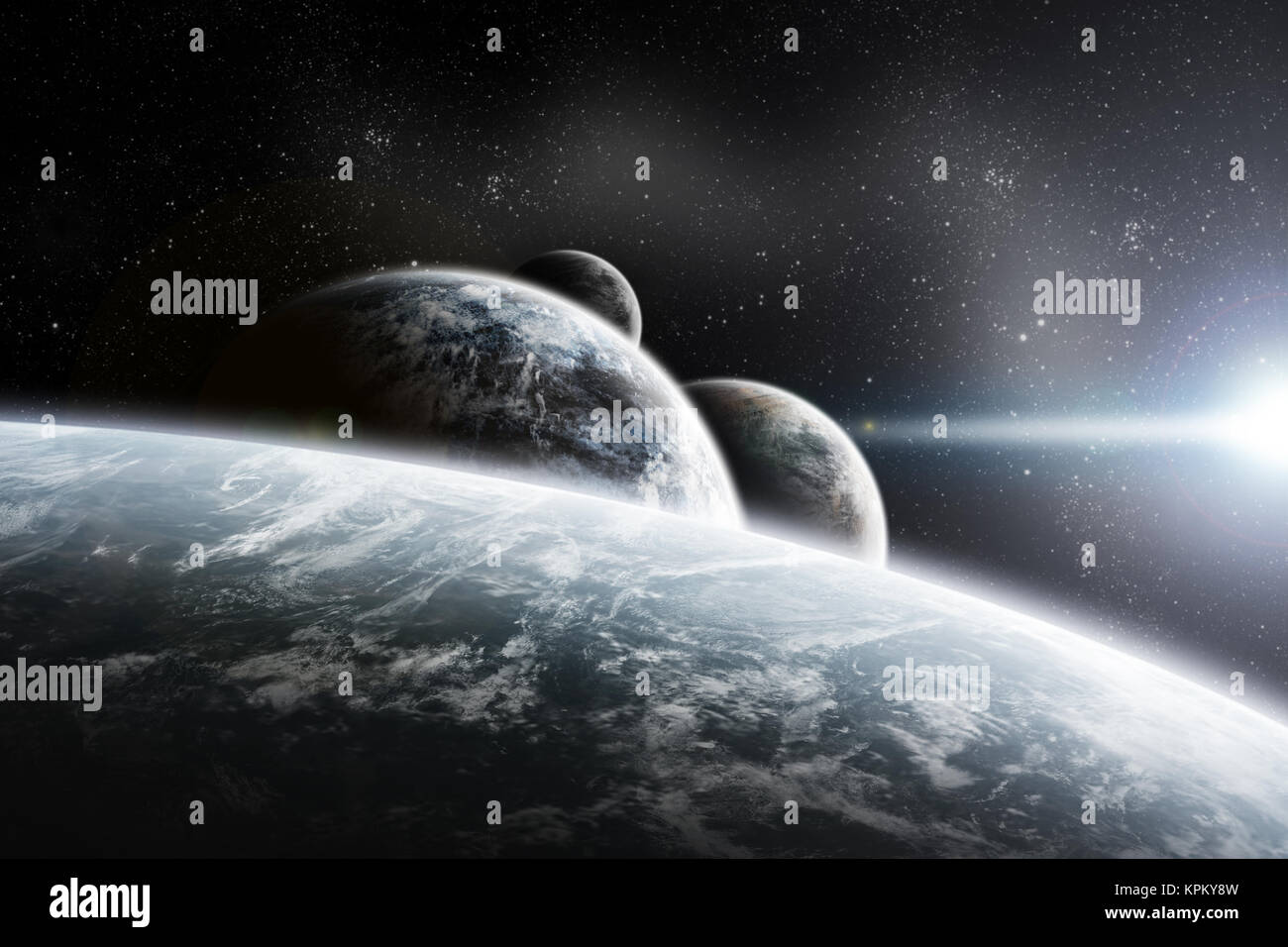 Sunrise over planet in space Stock Photo - Alamy