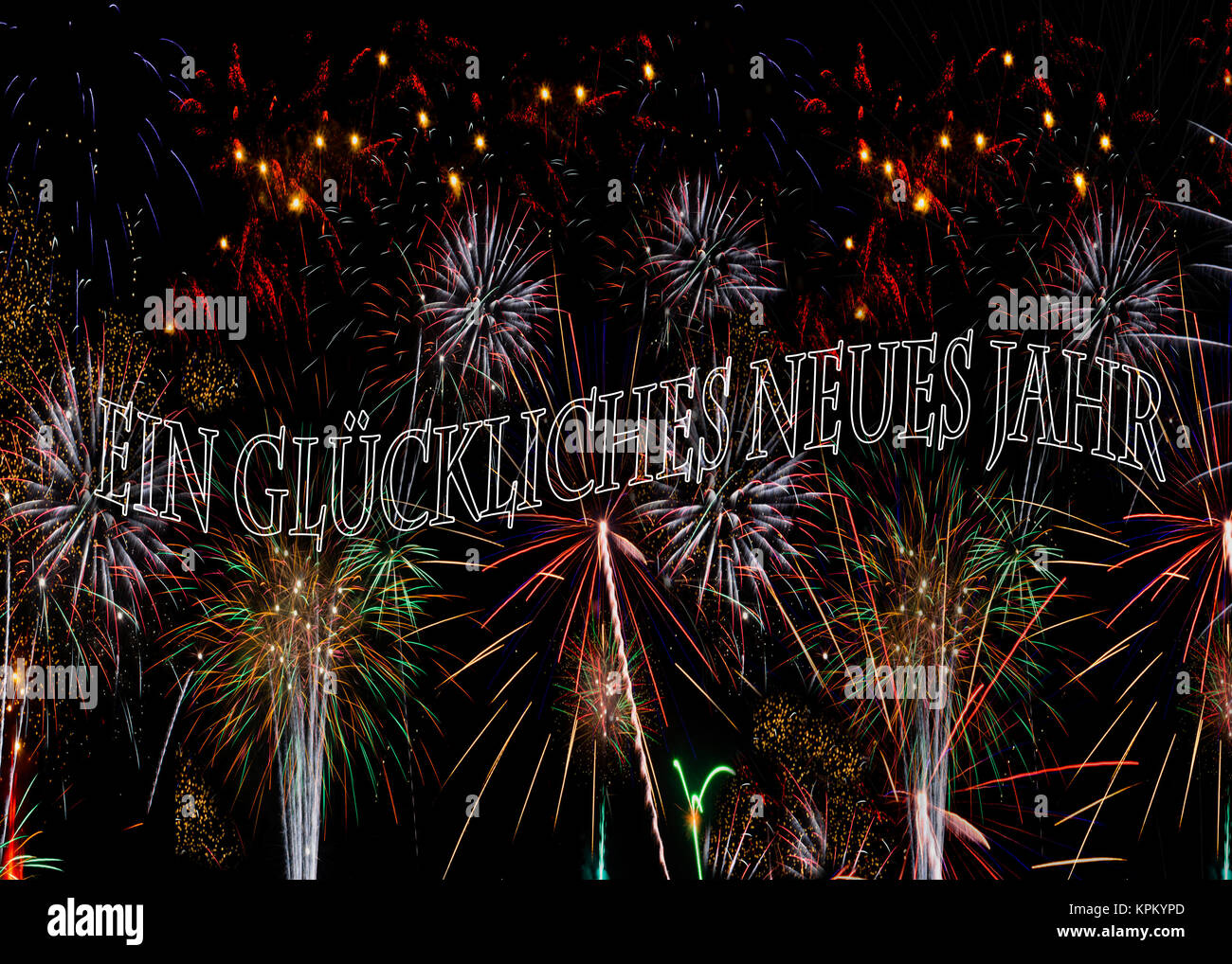 Ein glückliches neues Jahr Fireworks in German Others in German see KPKYPG and KPKYPA also in English and Spanish Stock Photo