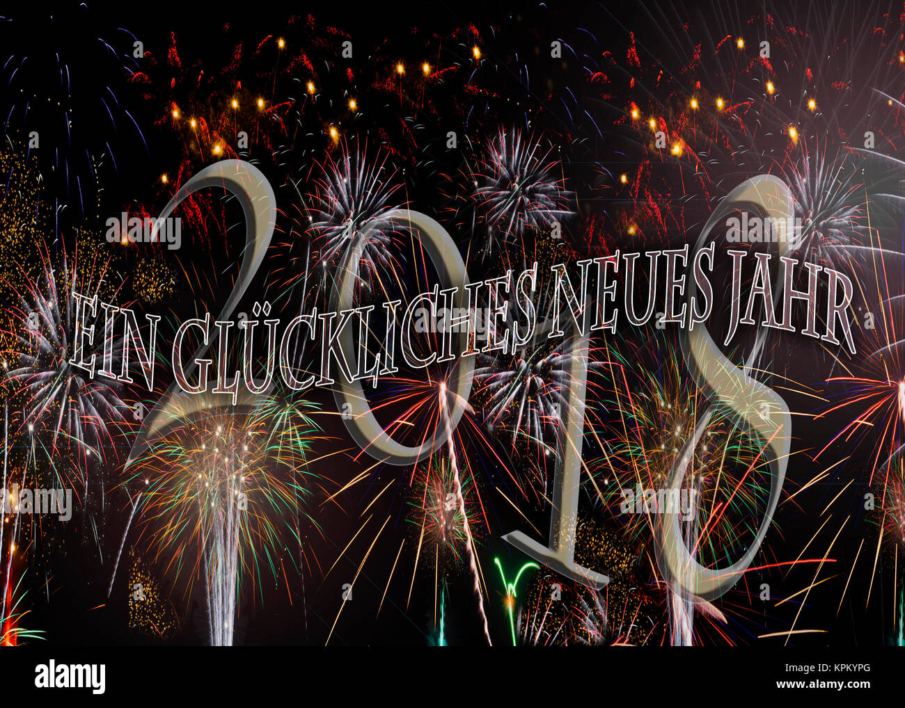 Ein glückliches neues Jahr Fireworks Happy New Year in German. Others in German see KPKYPD and KPKYPA also in English and Spanish Stock Photo