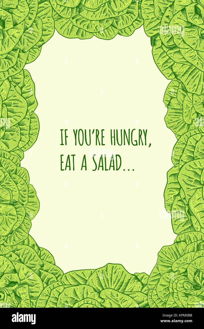 Lettuce salad floral frame.  Vintage engraving style vector illustration. Healthy eating motivation concept. Stock Vector