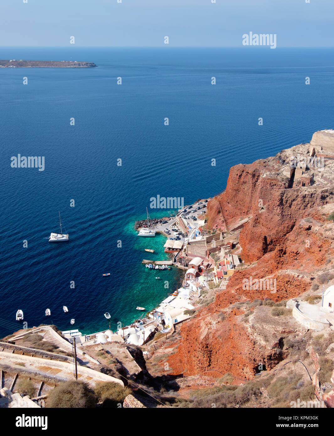 Local harbor in Oia village on Santorini island, Greece, panorama. Stock Photo