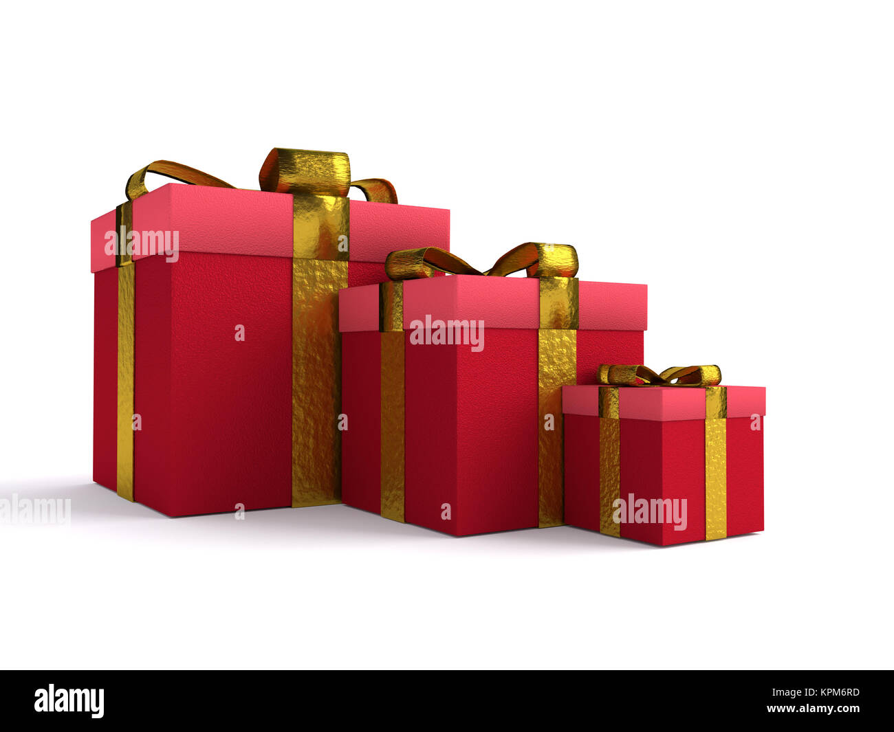 3D rendering of three red xmas present boxes on white background Stock Photo