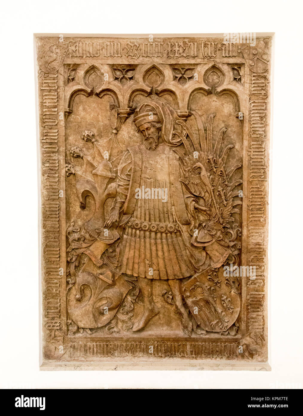 medieval carved stone panel, St Moritz Church, Augsburg, Bavaria, Germany Stock Photo