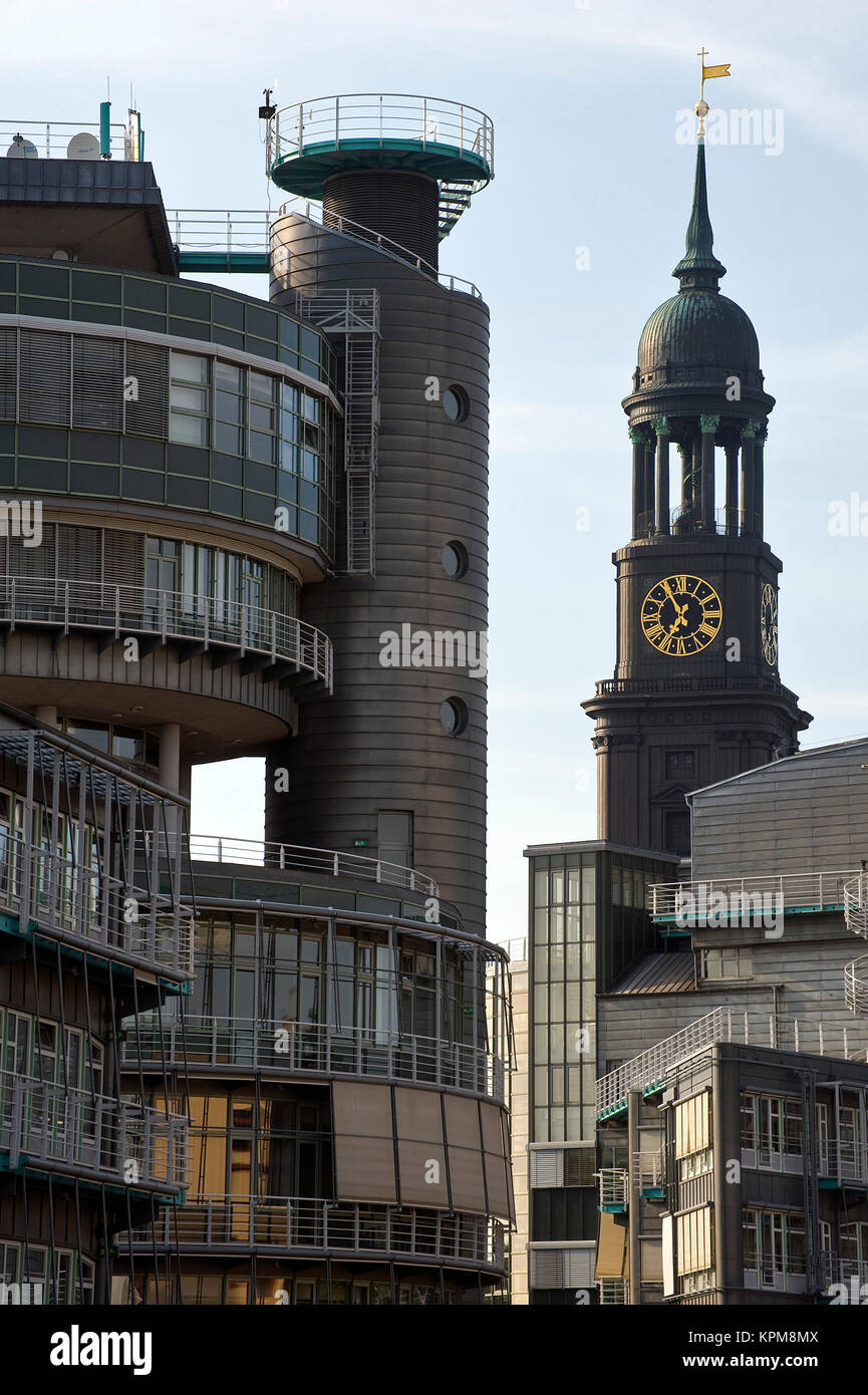 Hamburg, one of the most beautiful and most popular tourist destinations in the world. Church of St. Michaels with the publishing house of G & J. Stock Photo