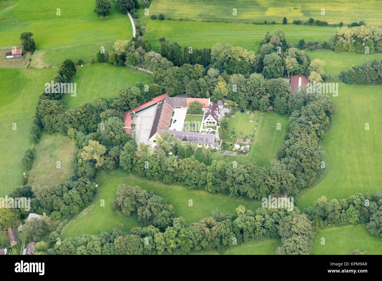 aerial view of farmhouse near Inning am Ammersee, near Munich, Bavaria