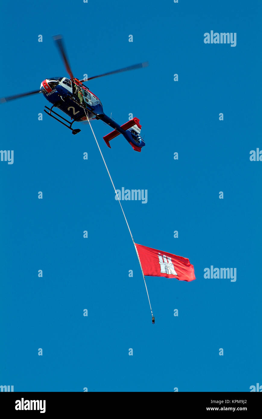 Hamburg, one of the most beautiful and most popular tourist destinations in the world. Hamburg flag on a police helicopter Stock Photo