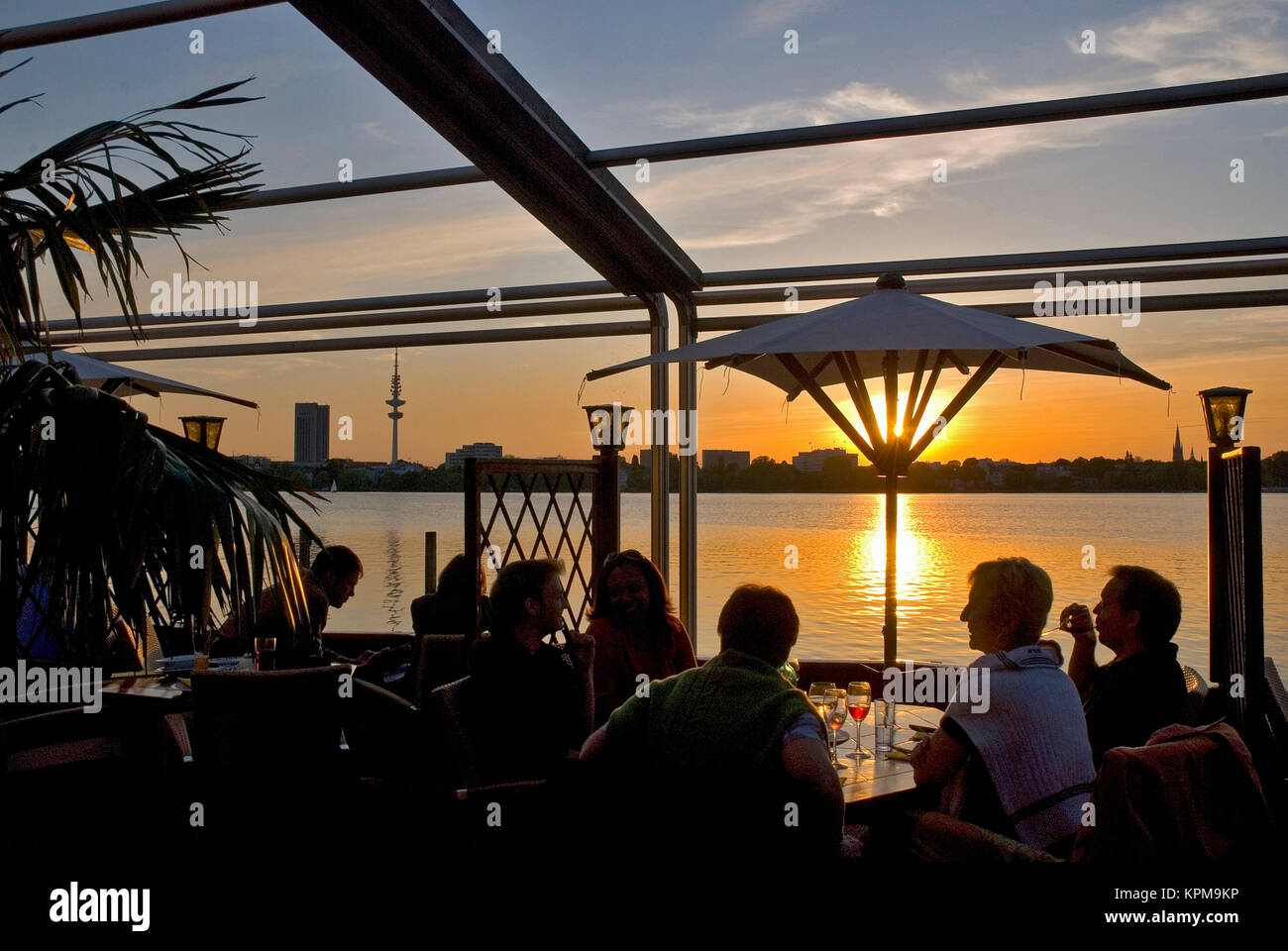 Hamburg, one of the most beautiful and most popular tourist destinations in the world. Sunset on the Alster. Stock Photo