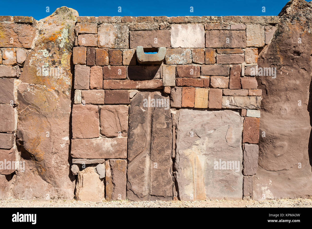 Wall at Tiwanaku, Titicaca region, Altiplano, Bolivia Stock Photo