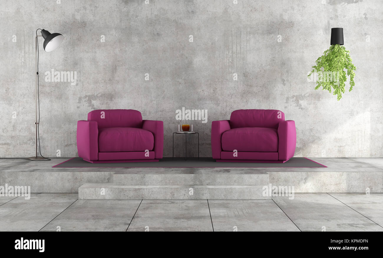 Minimalist living room with purple armchairs Stock Photo - Alamy
