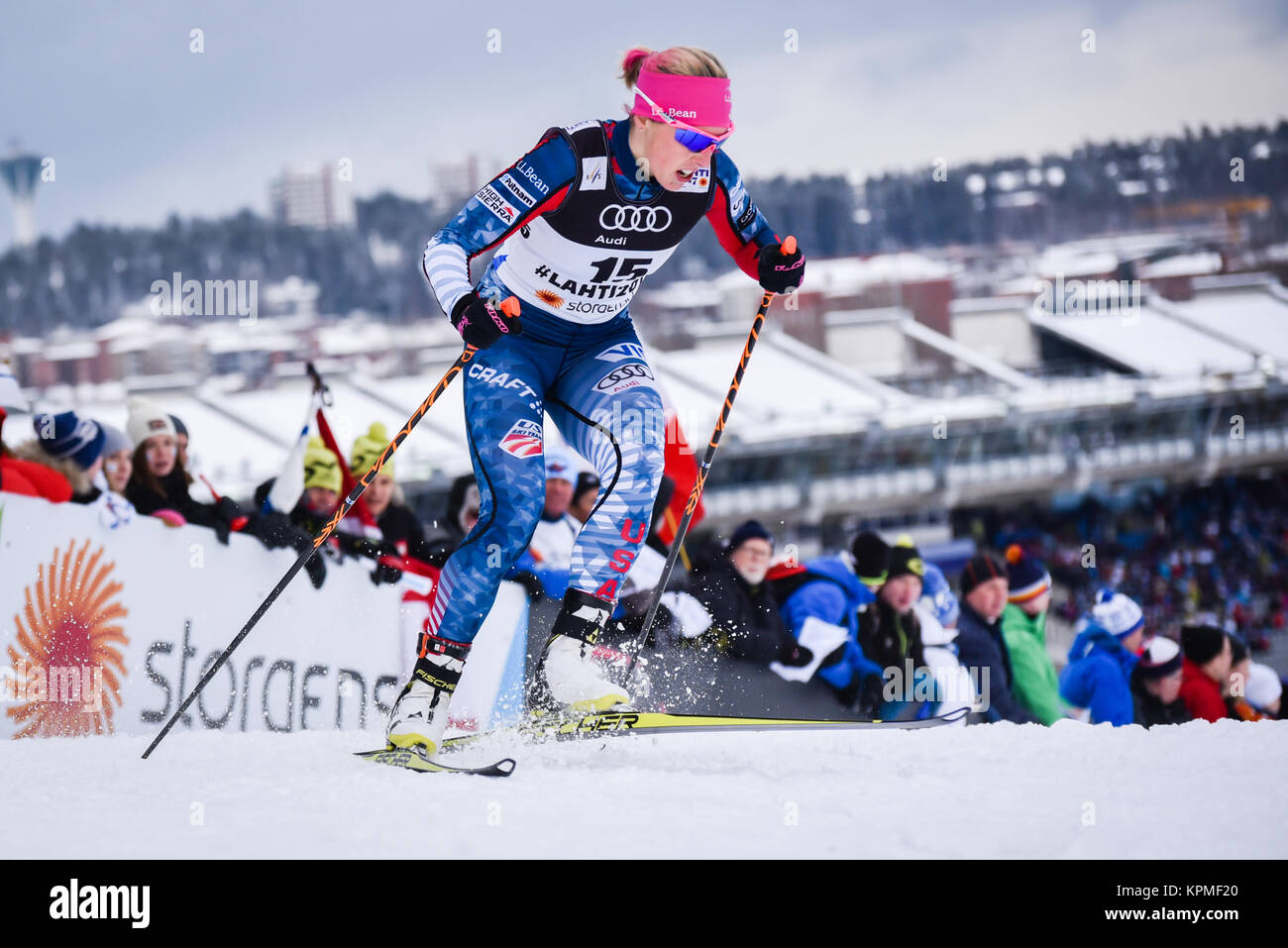 US women's cross country ski team sprint racer Kikkan Randall (Alaska) makes the turn above the ski stadium in Lahti Finland; 2017 World Championshps. Stock Photo