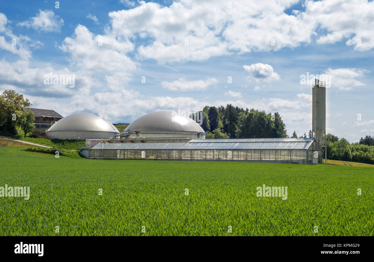 biogas plant and a greenhouse for solar sludge drying Stock Photo