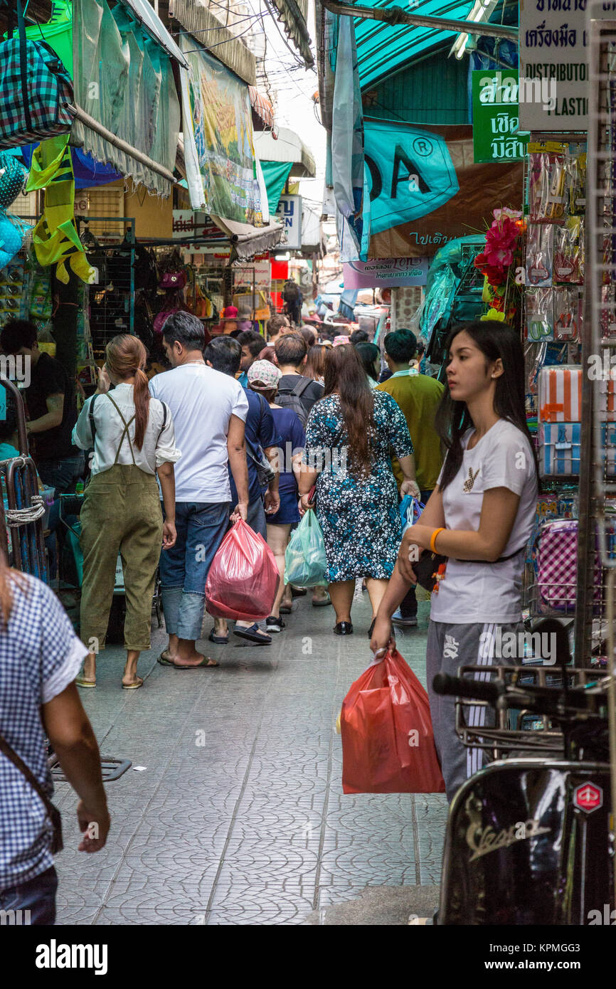 Bangkok, Thailand.  Busy Pedestrian Street in Chinatown Market. Stock Photo