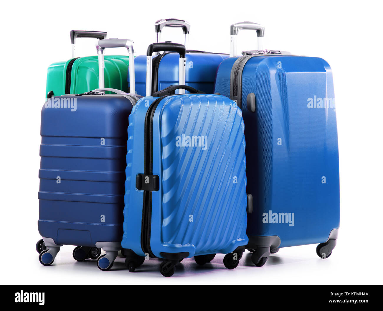 Five plastic suitcases isolated on white Stock Photo Alamy