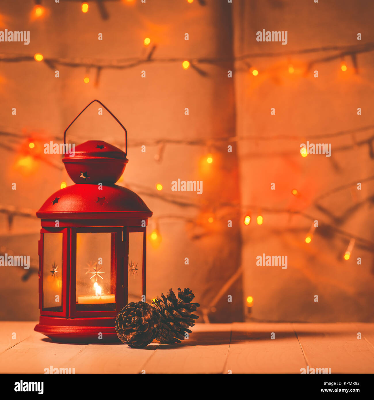christmas tree light on wooden table Stock Photo Alamy