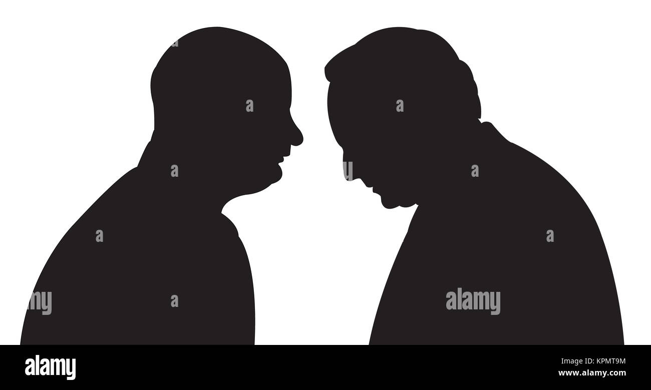 black silhouettes of two men standing and talking to each other Stock Photo