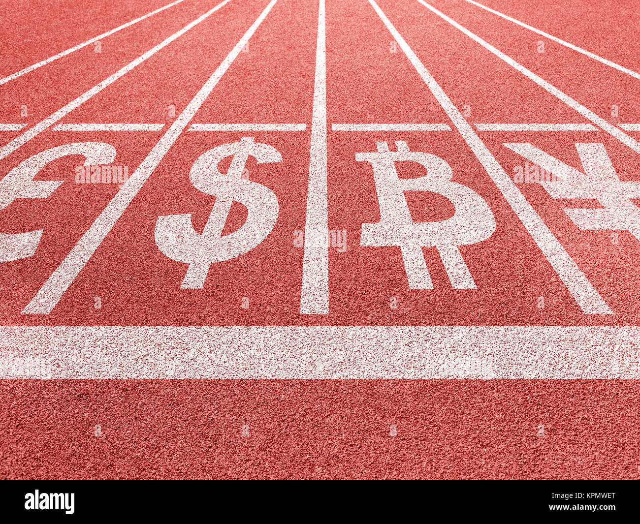 Currencies symbols on running trace start Stock Photo