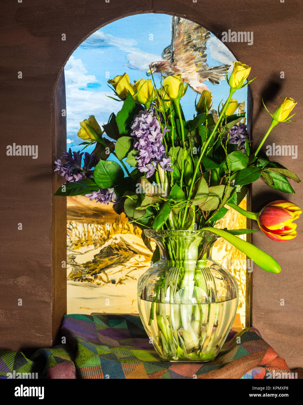 floral still life with glass vase in a niche Stock Photo
