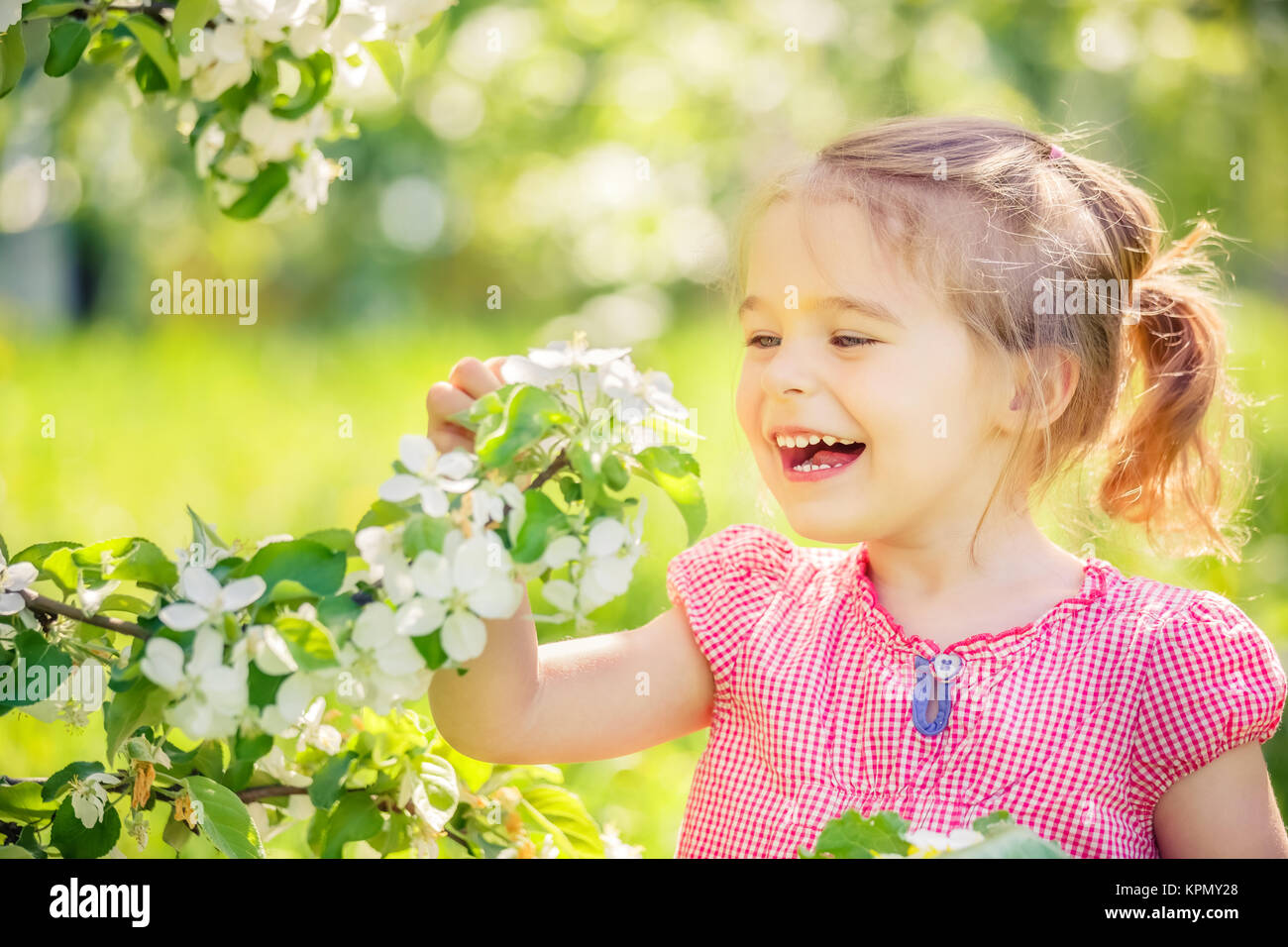 Happy little girl in apple tree garden Stock Photo - Alamy