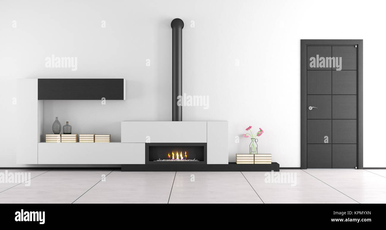 Black and white living room with fireplace Stock Photo - Alamy