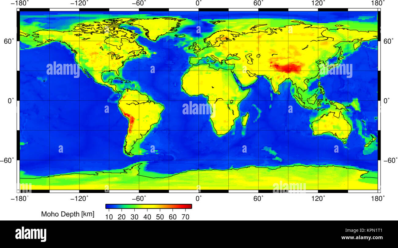 This is a geophysical map showing the position of the Moho discontinuity across the Earth. The Moho is the boundary between the Earth's crust and the mantle. Search 'Mohorovi?i? discontinuity' for more information. This map was constructed using the Crust 1.0 model and Generic Mapping Tools (GMT) for Linux. It was done at the Christian-Albrechts University of Kiel, Germany. Stock Photo