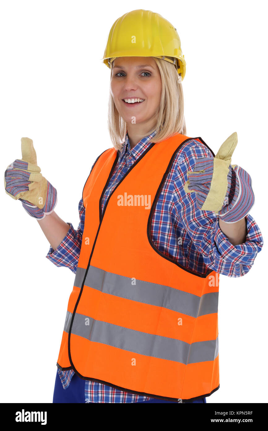 construction woman construction worker worker construction thumbs up cut Stock Photo