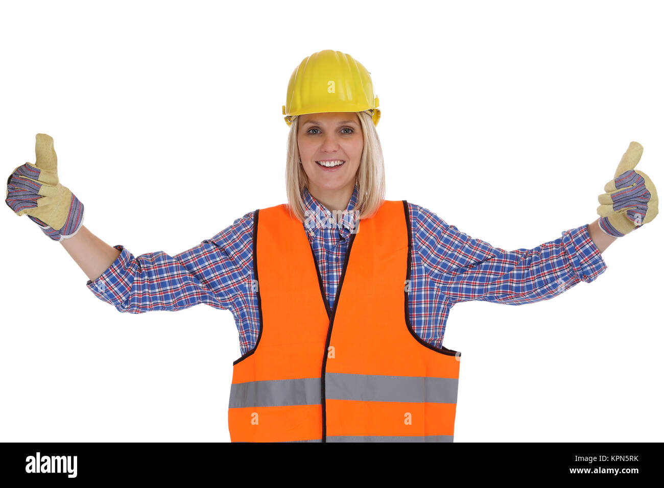 construction worker young woman construction worker construction worker thumbs up cut Stock Photo