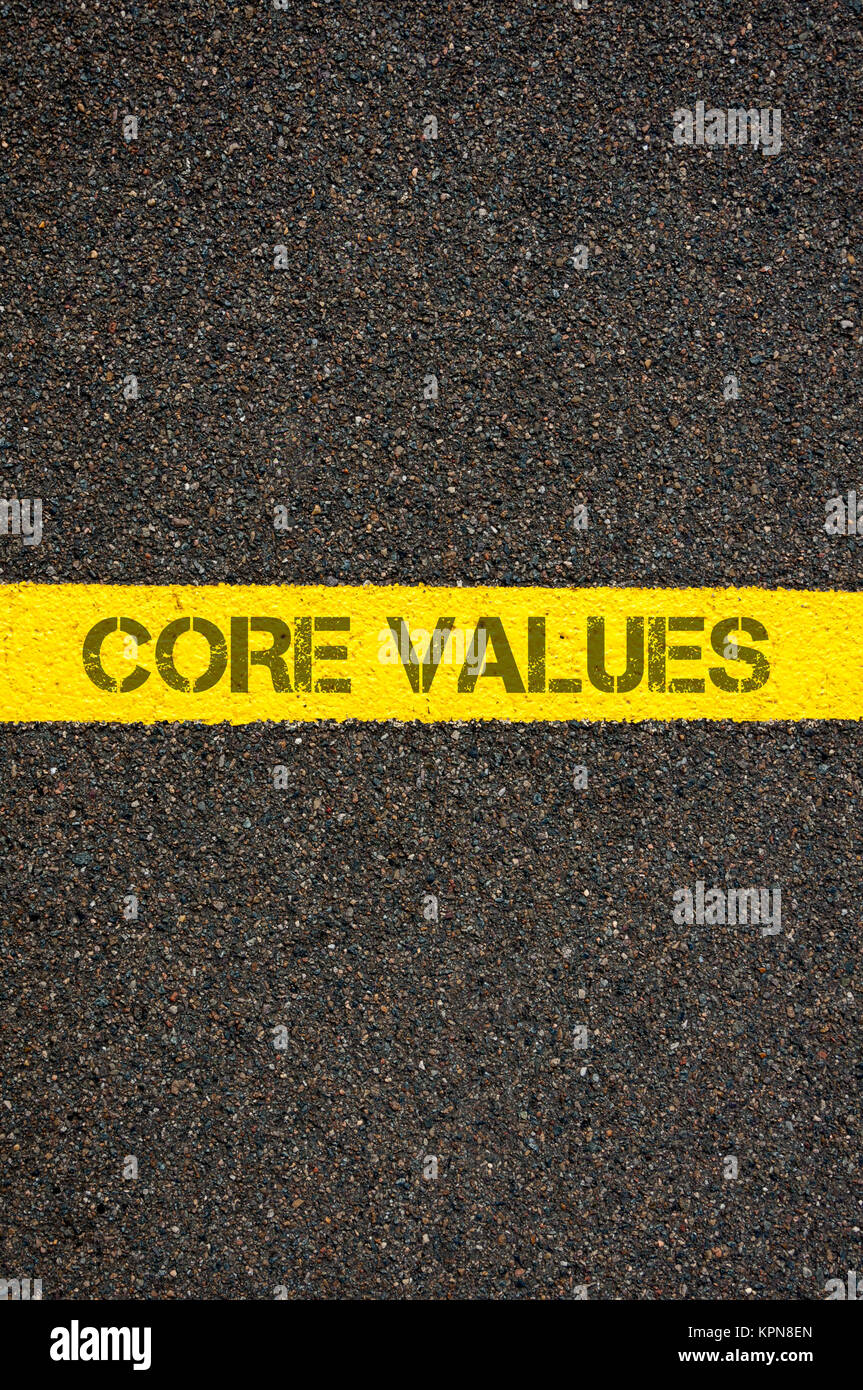 Road marking yellow line with words CORE VALUES Stock Photo Alamy