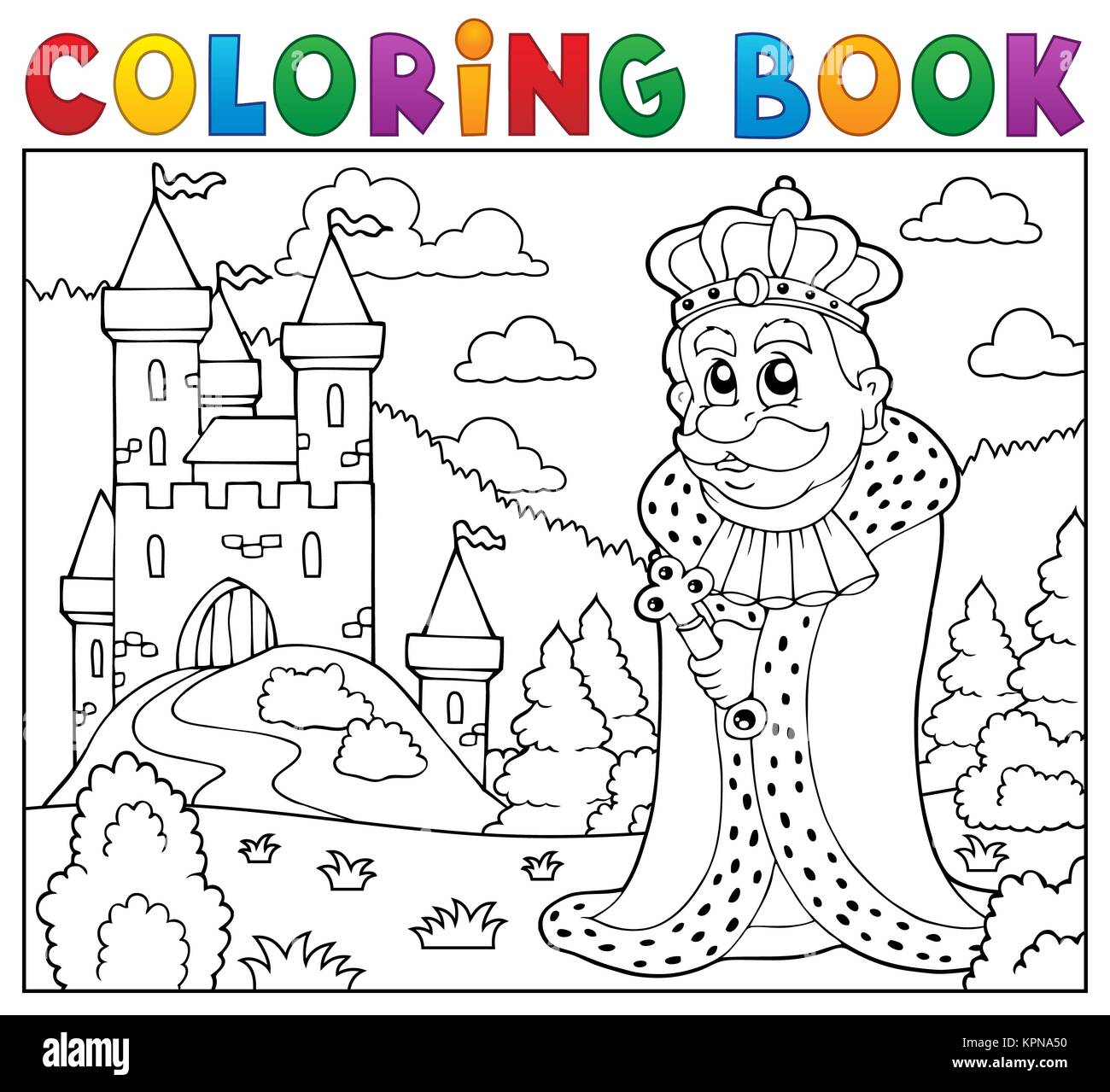 Coloring book king near castle Stock Photo