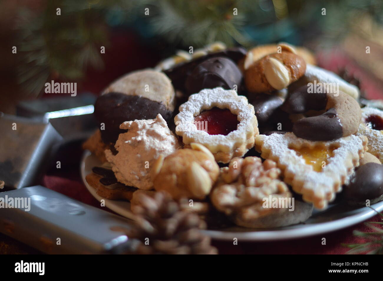 various home-baked christmas cookies on a plate Stock Photo