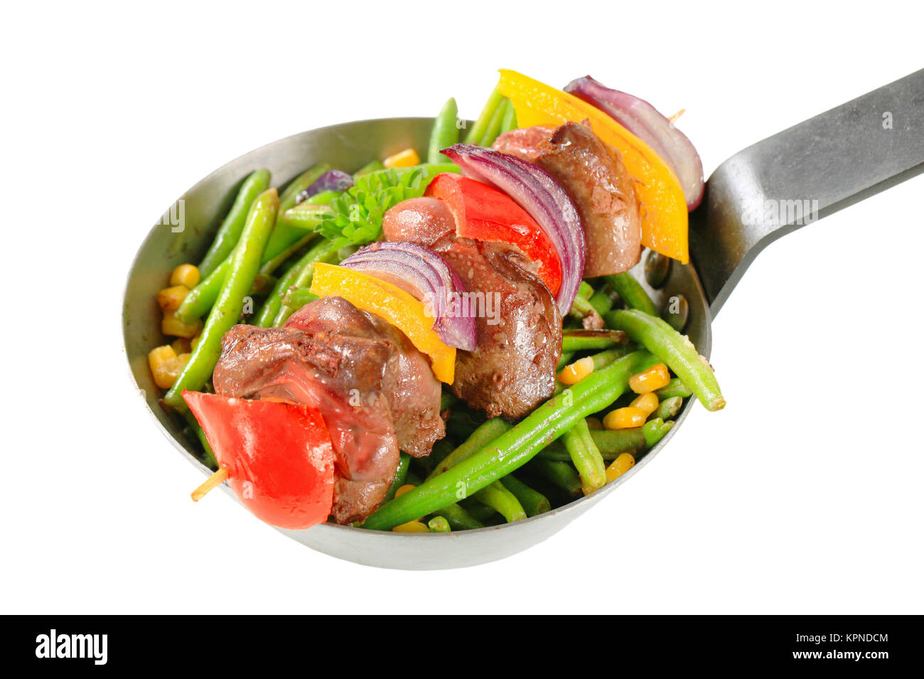 Liver skewer with green beans Stock Photo Alamy