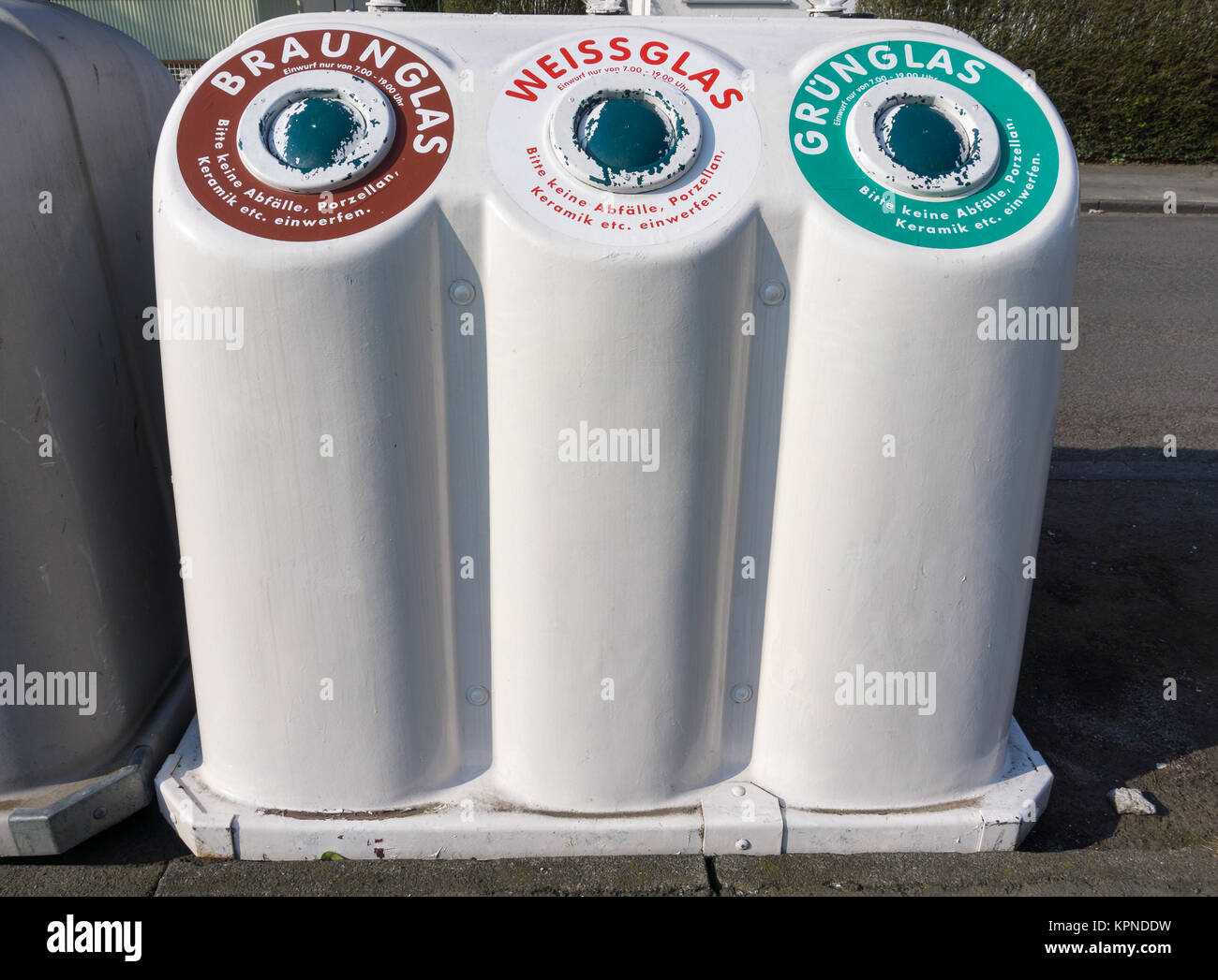 German bottle bank for green, white and dark bottles or glasses to