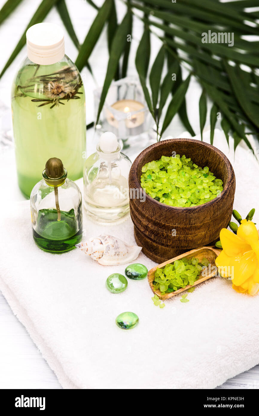 Spa setting with aroma oil, vintage style Stock Photo - Alamy