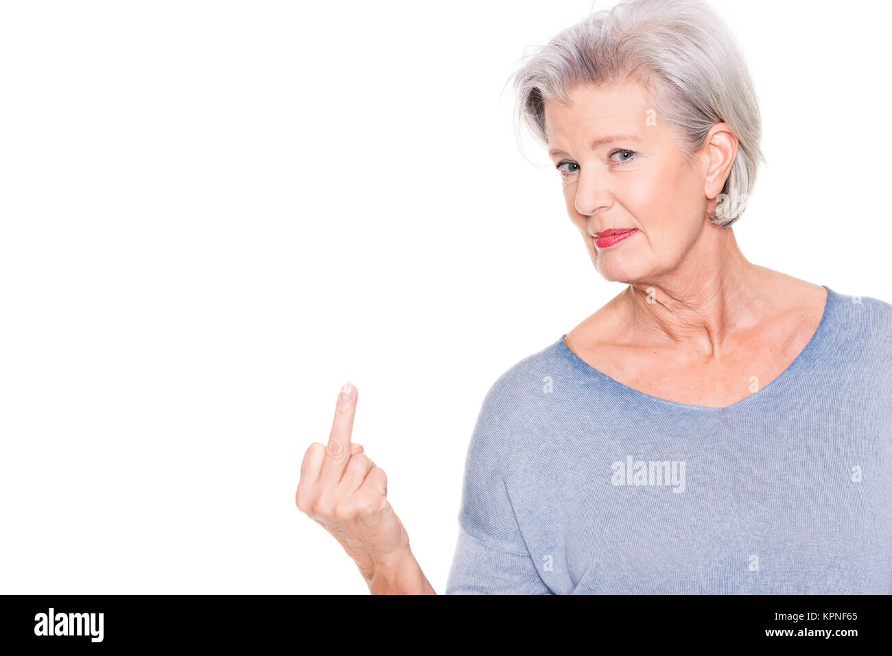 woman showing middle finger Stock Photo